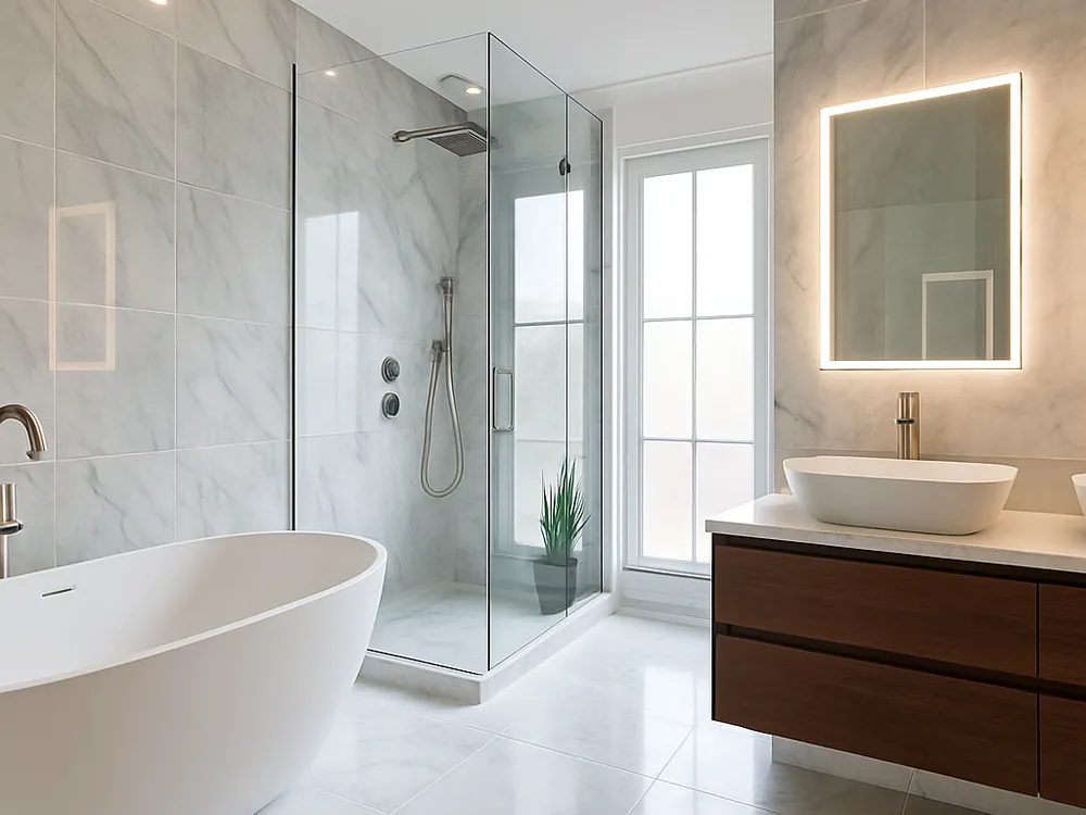 The same bathroom rendered by Renovizzion with a new vanity, tile and fixtures