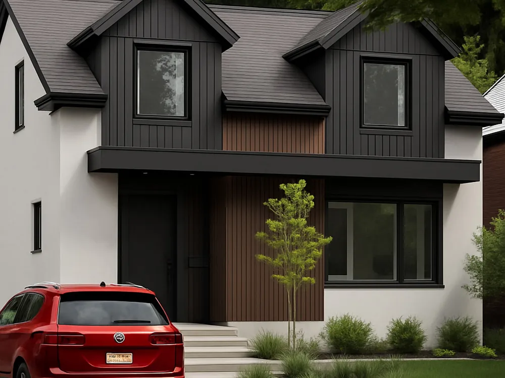 The same home rendered by Renovizzion with updated siding, trim and landscaping