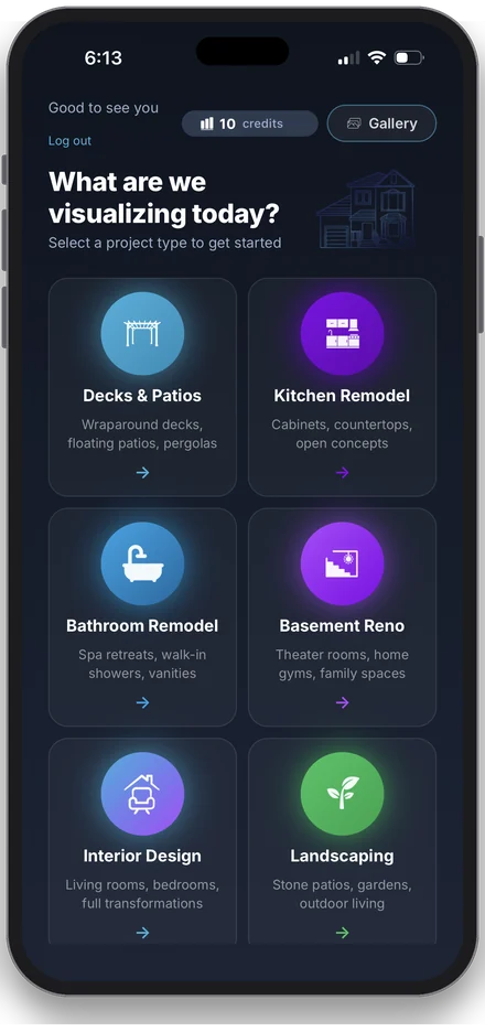 Renovizzion home screen showing nine project types