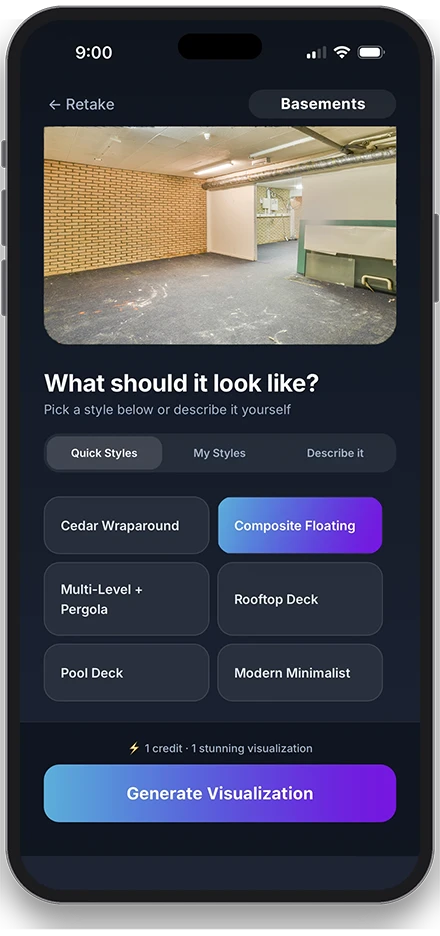 Style picker showing six deck styles over the client's photo
