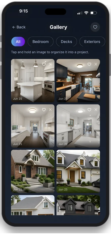 Gallery of saved renders organised by project